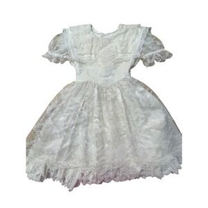 Vintage Girls White Lace Flower Girl Dress Satin Bow Communion Formal